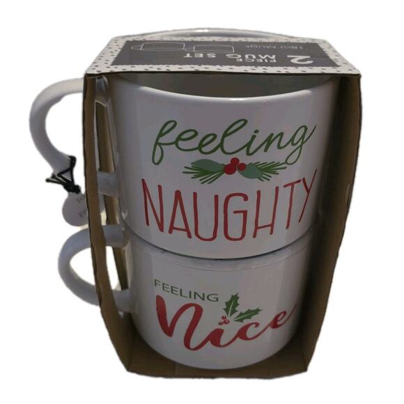 Set Of 2 Naughty Or Nice Stackable Holiday Christmas Mugs Boston Warehouse New - Picture 1 of 7